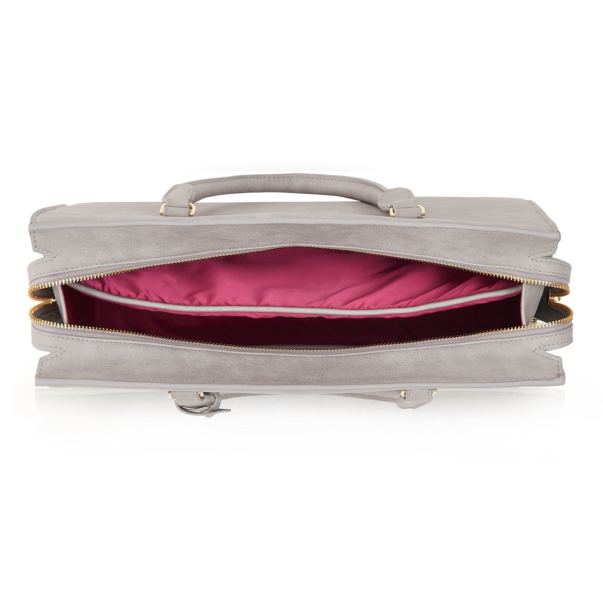 Sac ordinateur gris clair ouvert, doublure rose, fermeture zippée dorée