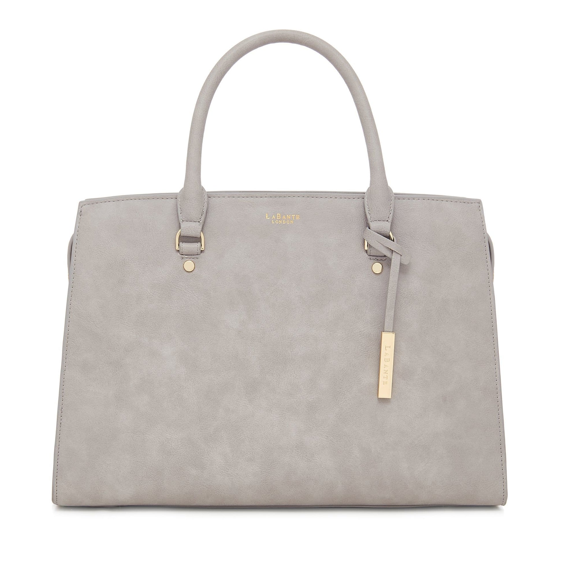 Sac ordinateur gris clair en simili, anses hautes et attaches métalliques
