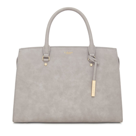 Sac ordinateur gris clair en simili, anses hautes et attaches métalliques