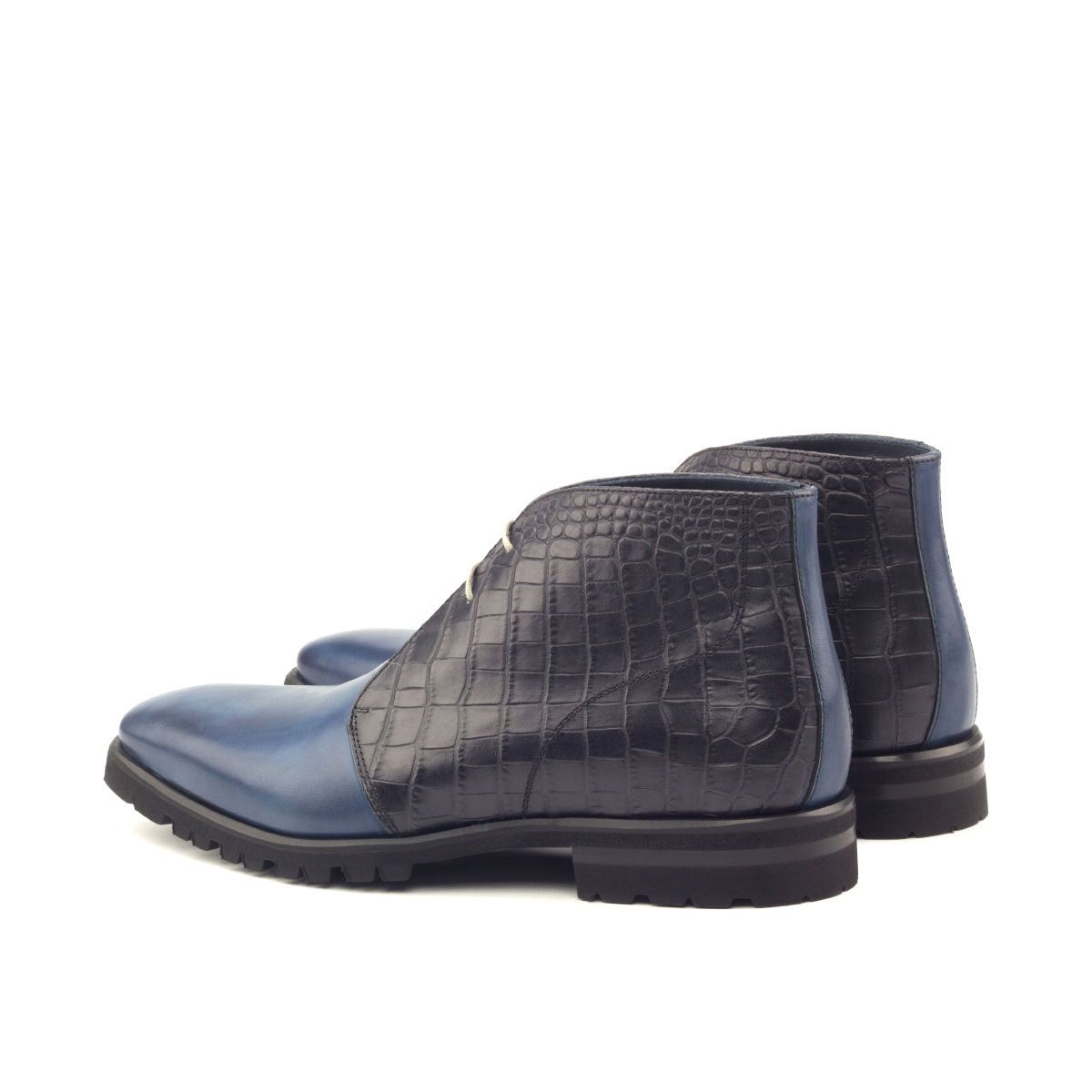 Bottes mi-montantes cuir croco peint bleu marine foncé, talon avec semelle crantée