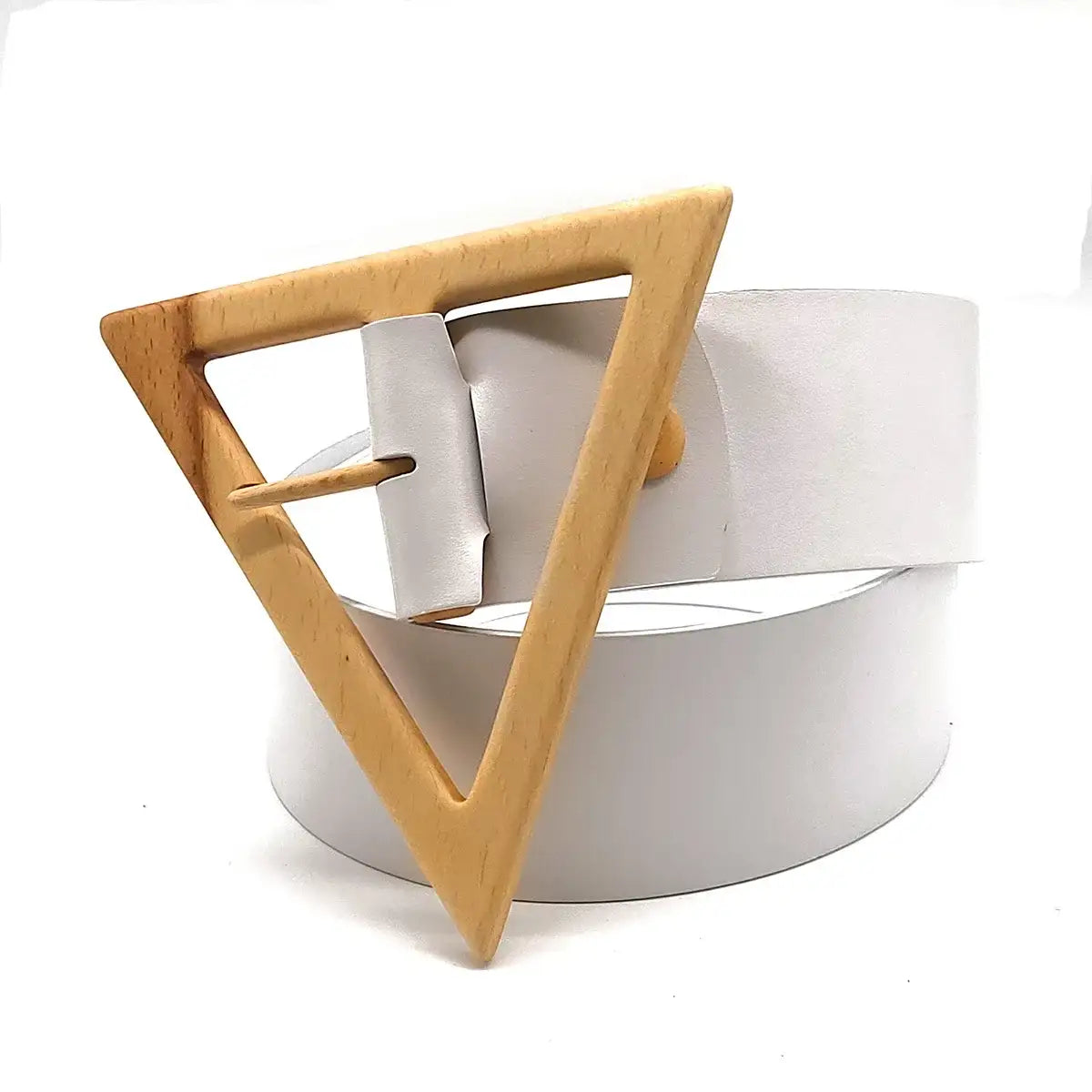 Ceinture avec boucle triangulaire en bois et sangle blanche