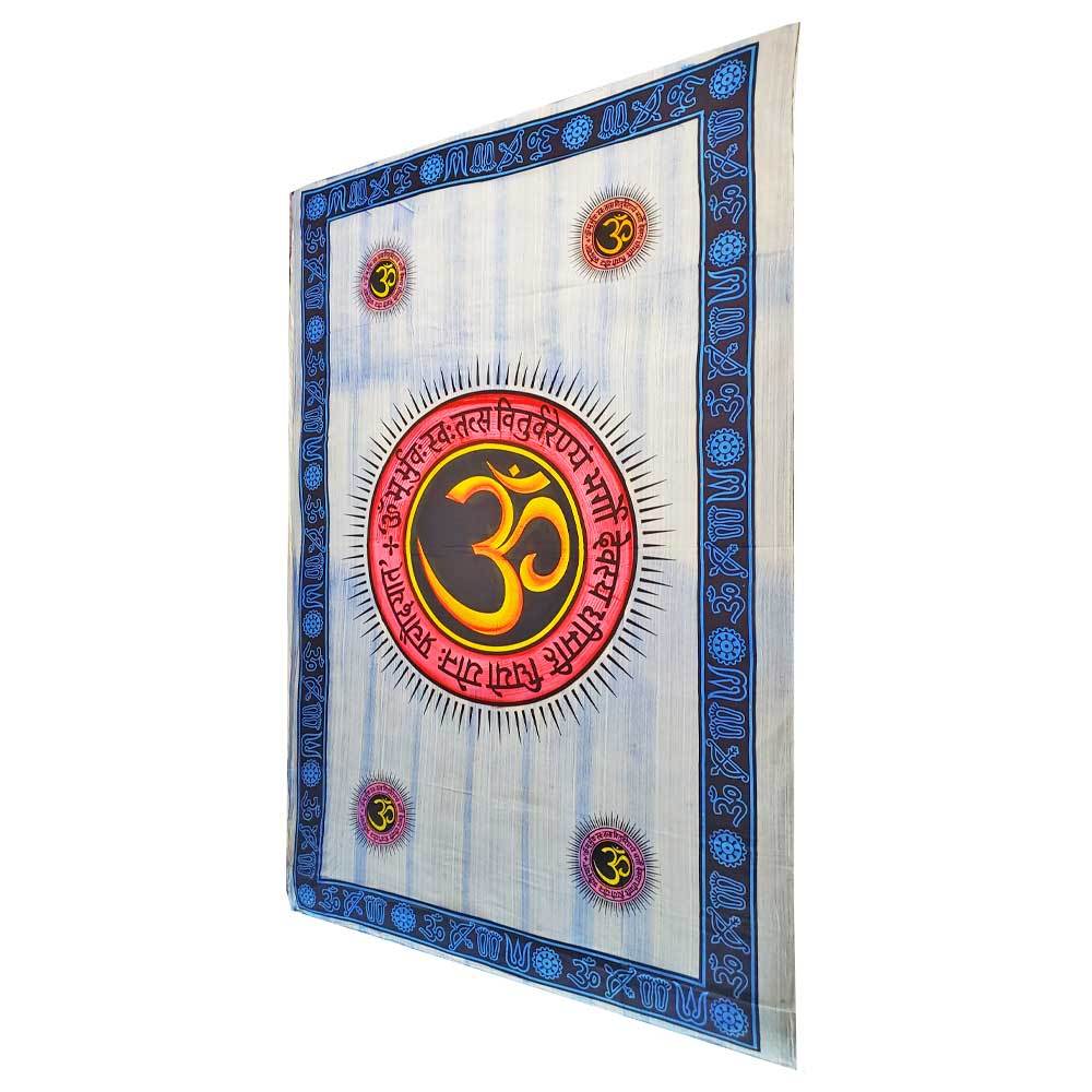 Tapisserie murale en coton bleu, symbole Om central et bordure décorative