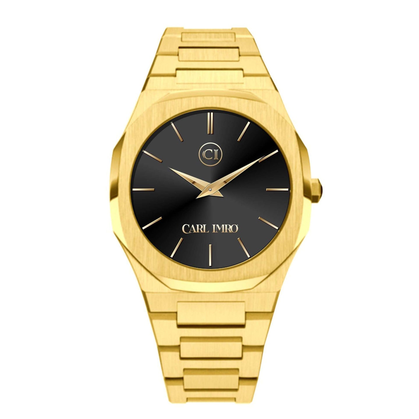 Montre homme en acier doré, cadran bleu marine, index bâtons et aiguille dorée.