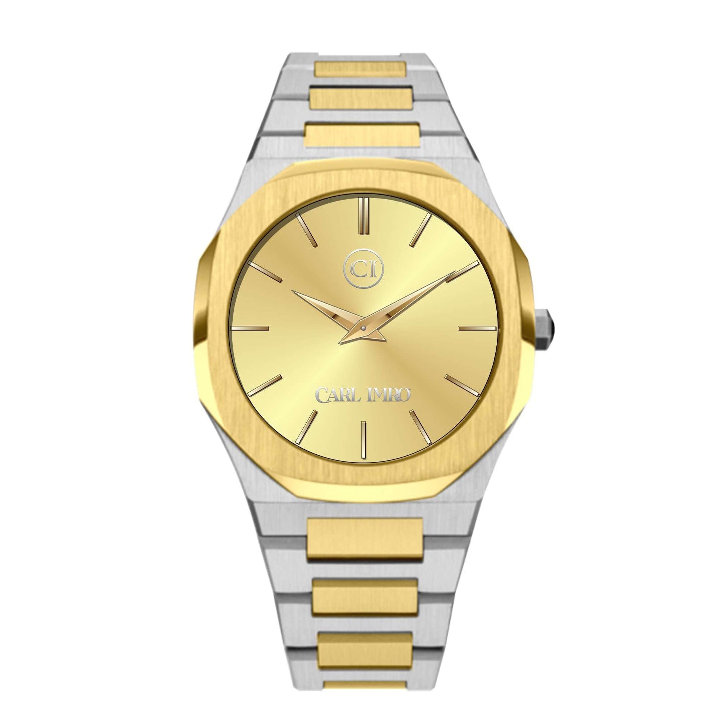 Montre-bracelet homme bicolore, cadran jaune, bracelet en acier avec maillons dorés.