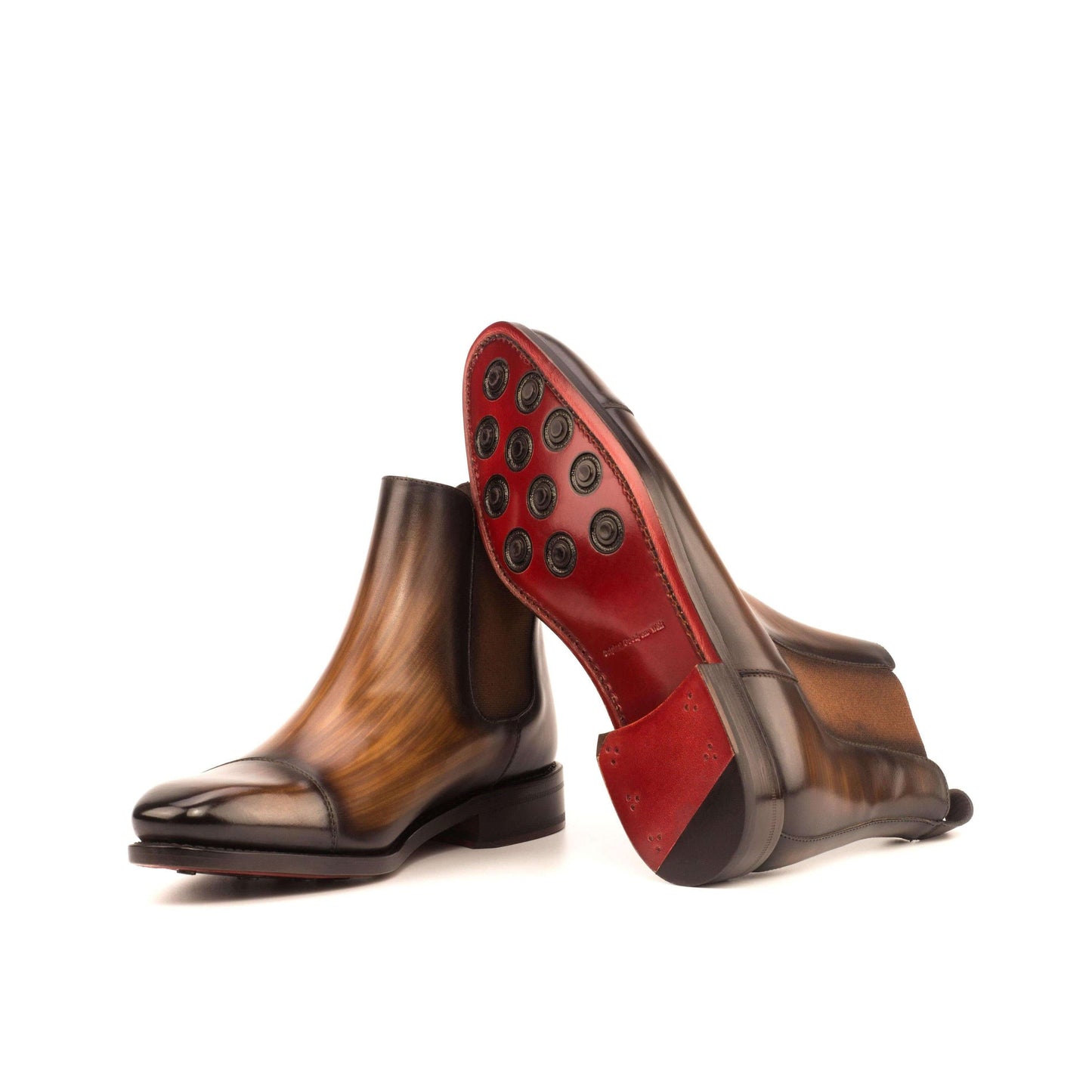 Bottes Chelsea homme : semelle intérieure rouge à picots et cuir patiné brun