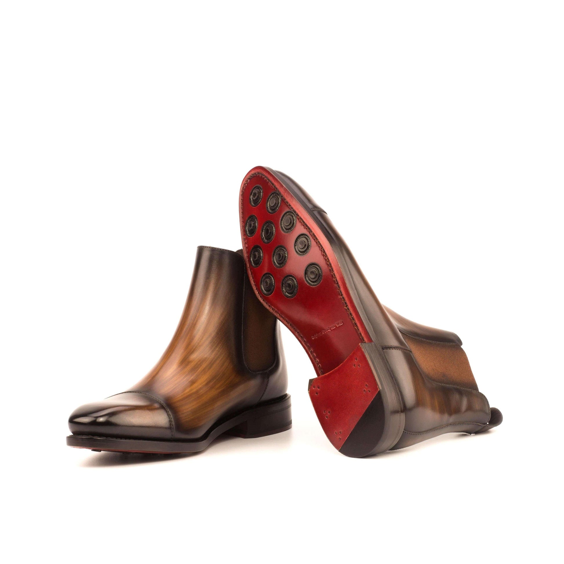 Bottes Chelsea homme : semelle intérieure rouge à picots et cuir patiné brun