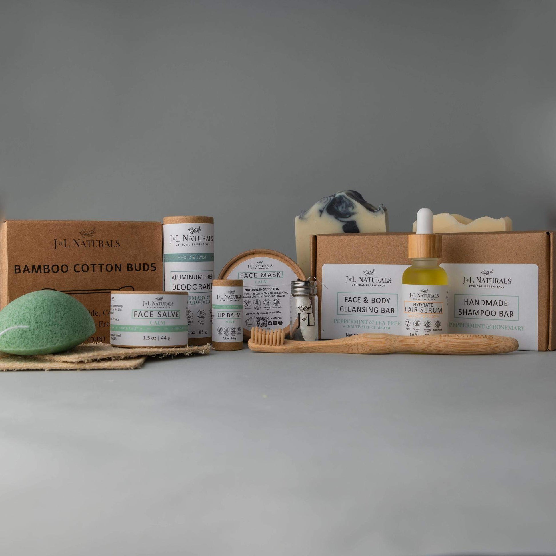 Coffret de soins J.L. NATURALS avec barres savons, face mask et éponge vert foncé