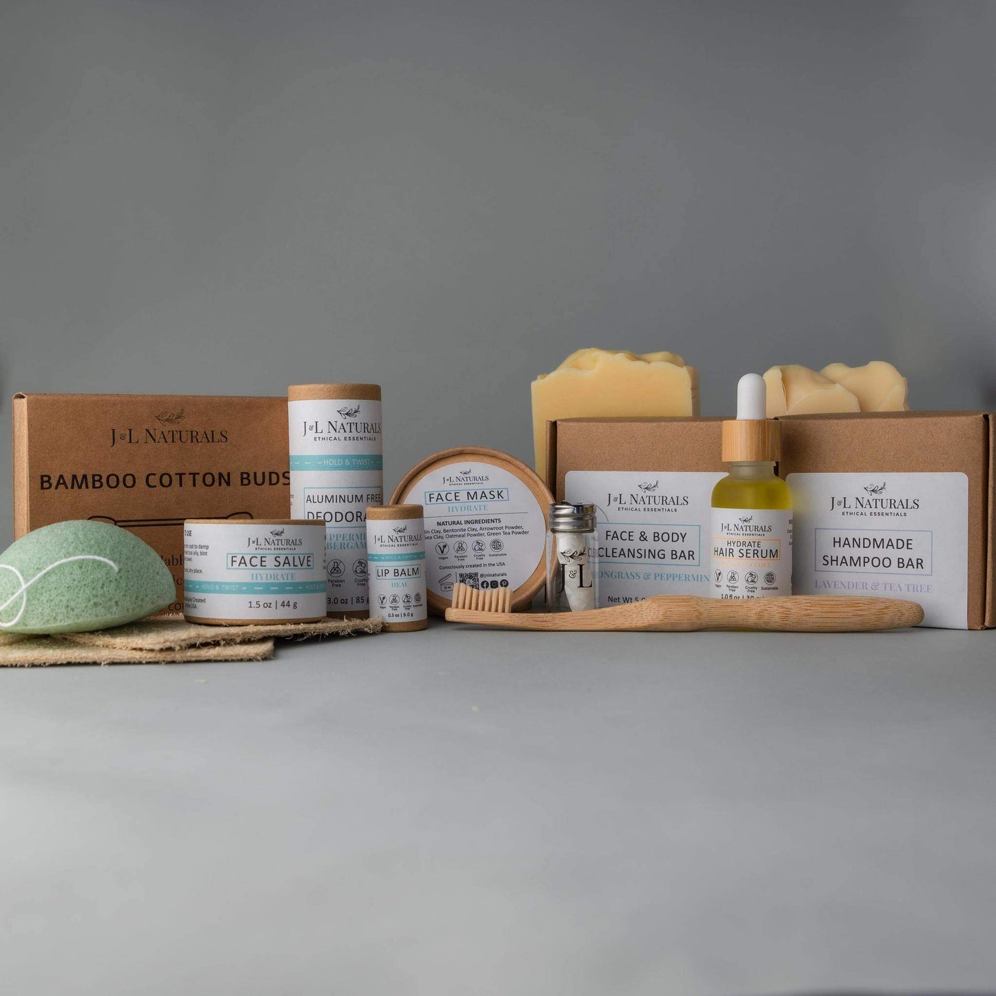 Coffret de soins J.L. NATURALS : bamboo cotton buds, nettoyant visage & corps, shampoo bar