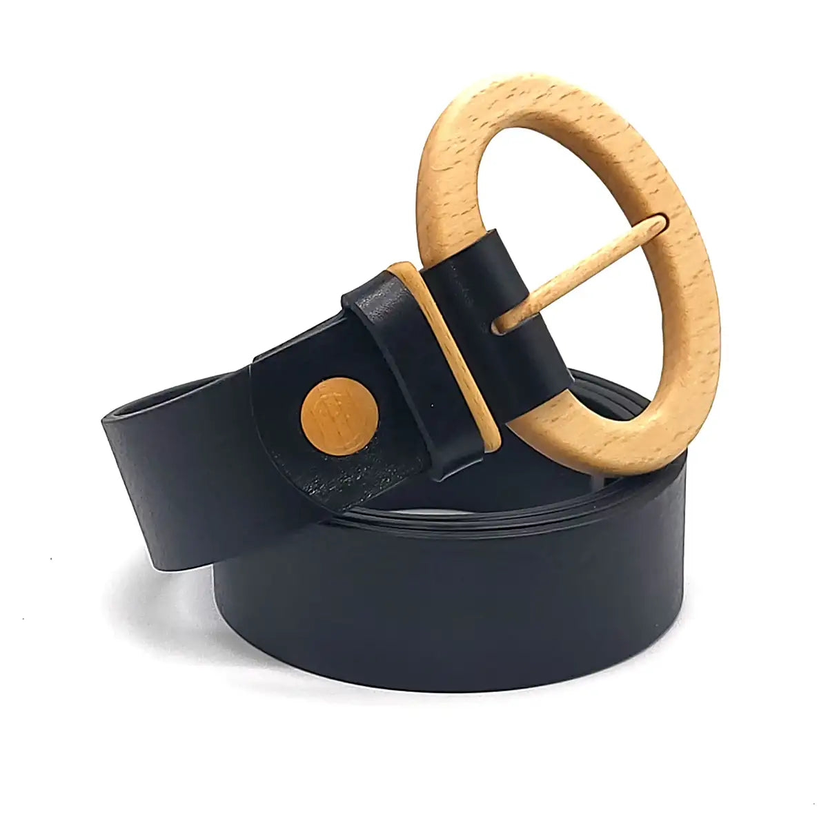 Ceinture en cuir noire avec boucle ovale en bois et attache à passant