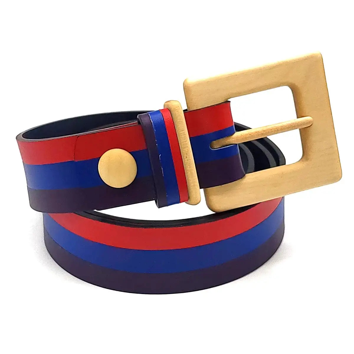 Ceinture en cuir tricolore rouge, bleu et marine, boucle en bois rectangulaire et petit bouton rond
