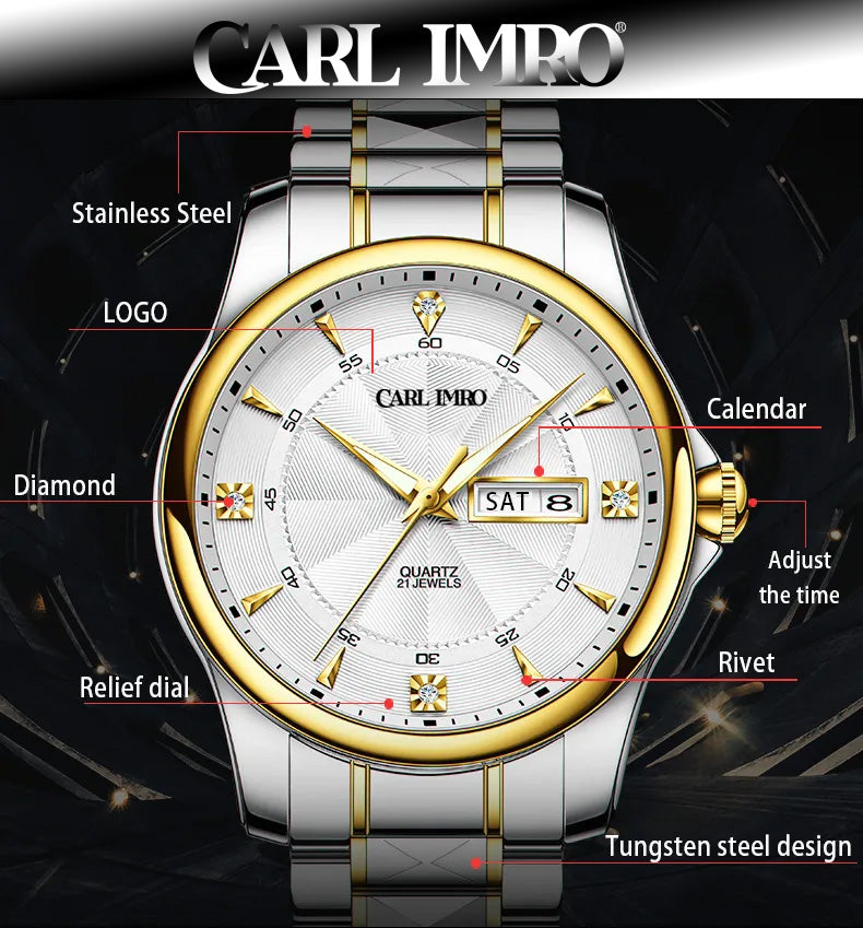 Montre homme cadran blanc, affichage date, index dorés et bracelet acier bi‑ton