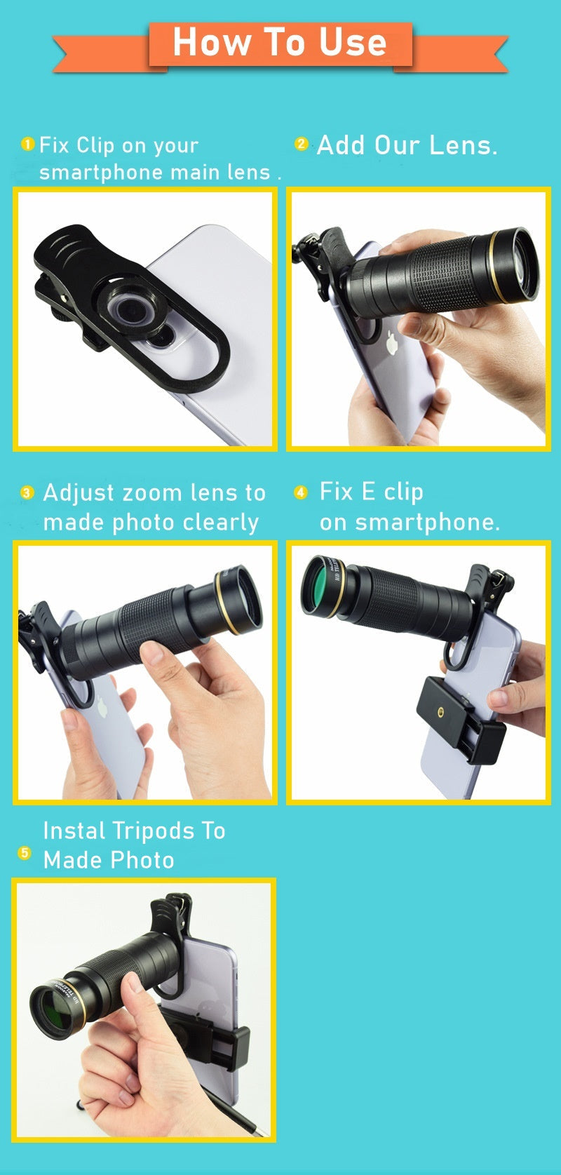 Objectif télescopique smartphone noir en étapes d’utilisation : clip et réglage de zoom
