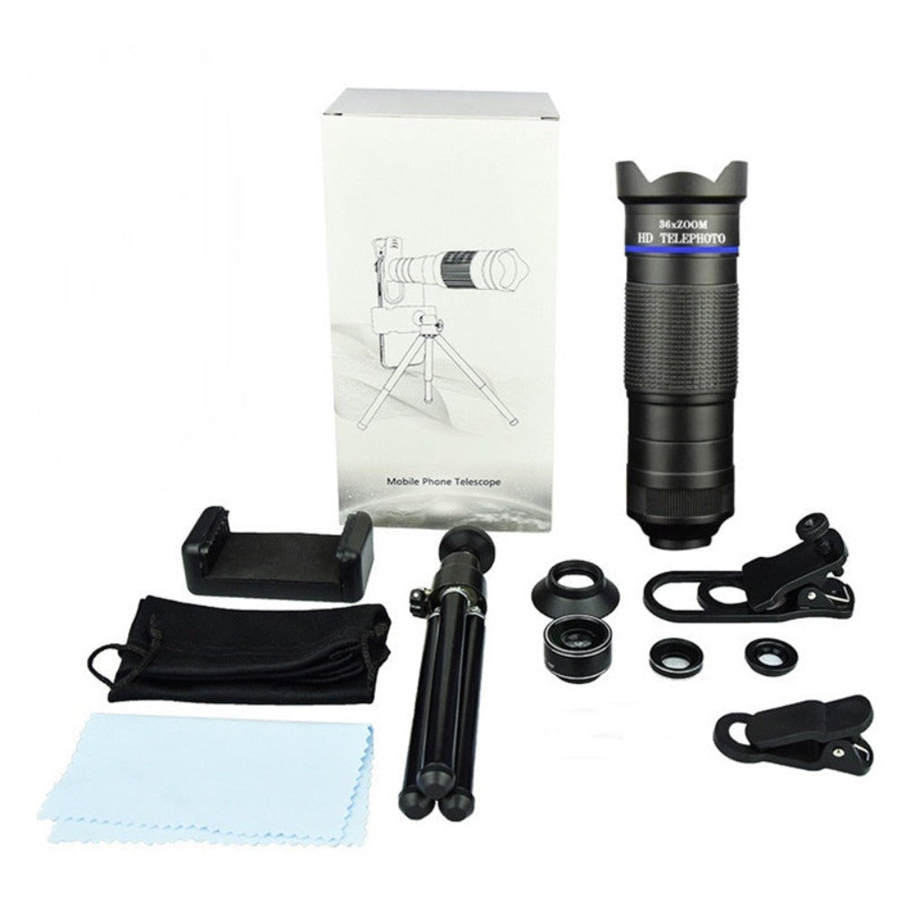 Kit complet objectif télescopique smartphone noir : étui, trépied, accessoires et lentilles