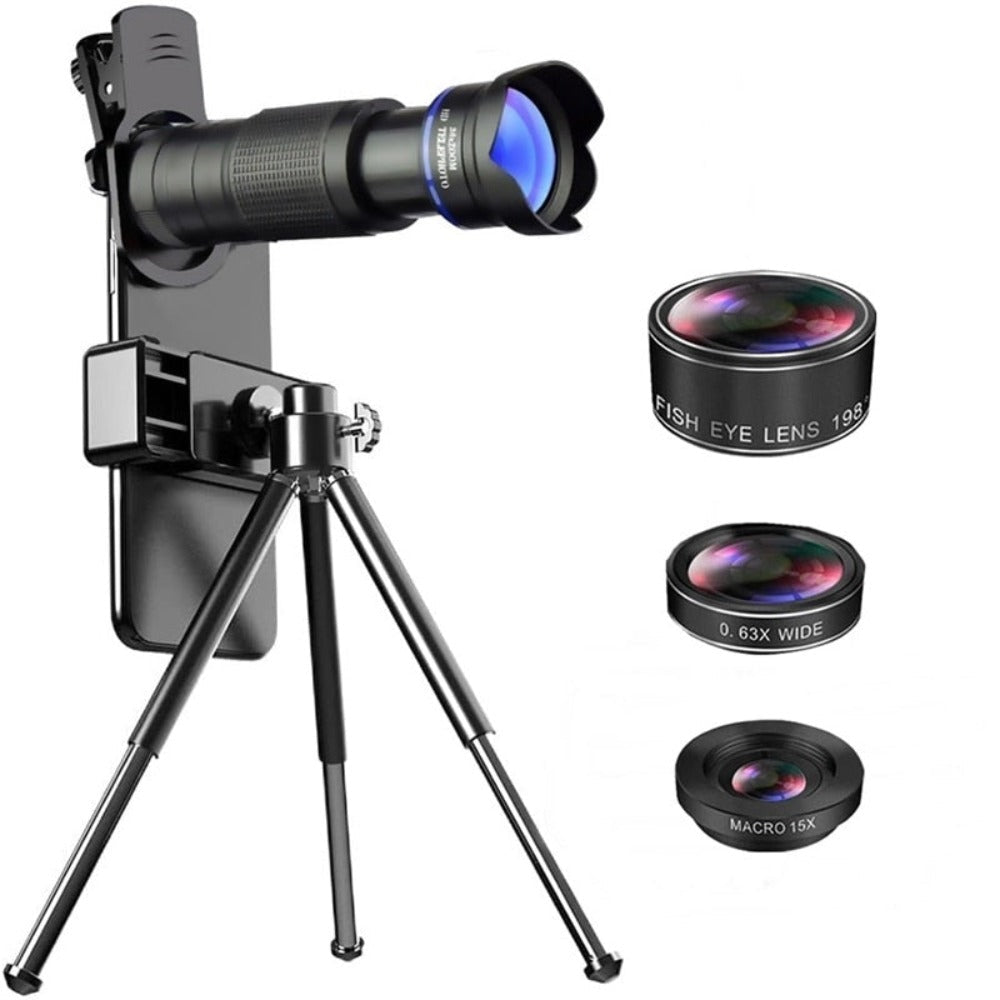 Kit d’objectif pour smartphone télescopique noir avec trépied et 3 lentilles interchangeables.