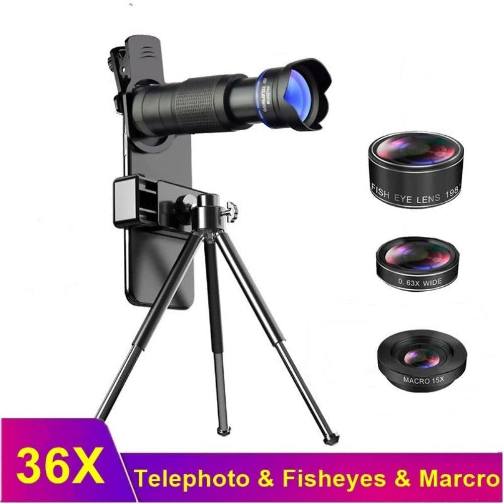 Kit d’objectif télescopique noir pour smartphone avec trépied et trois lentilles.