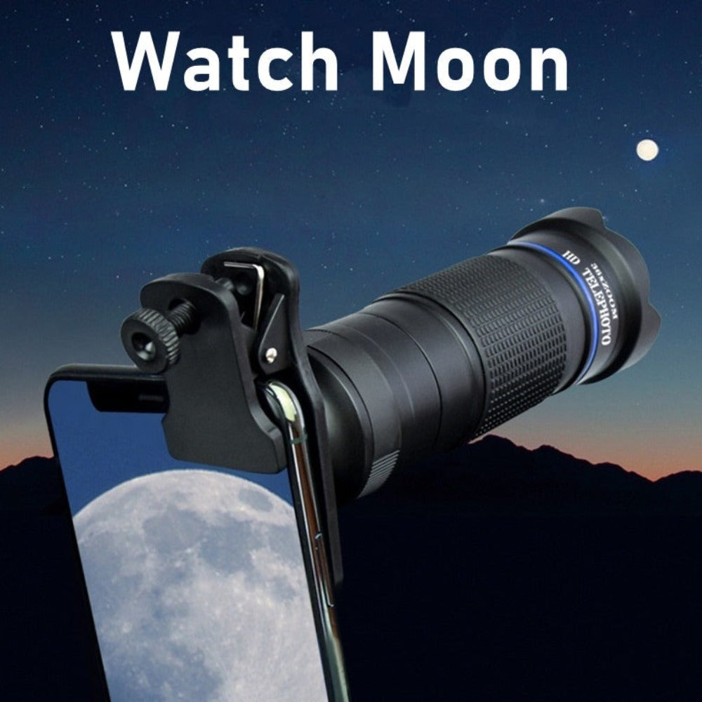 Objectif télescopique noir pour smartphone avec monture de fixation sur cadre.