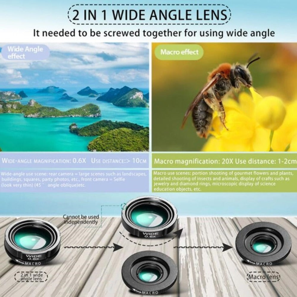 Objectifs double usage pour smartphone : lentille grand angle et lentille macro