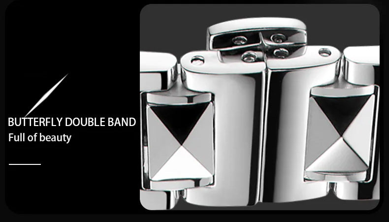 Fermoir double du bracelet de montre en acier, incrustations noires en losanges