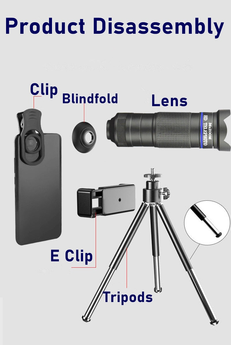 Kit objectif télescopique smartphone : clip, pare-soleil, lentilles et trépied