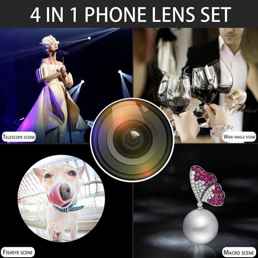 Ensemble de 4 objectifs pour smartphone : objectif grand angle, fisheye et macro.