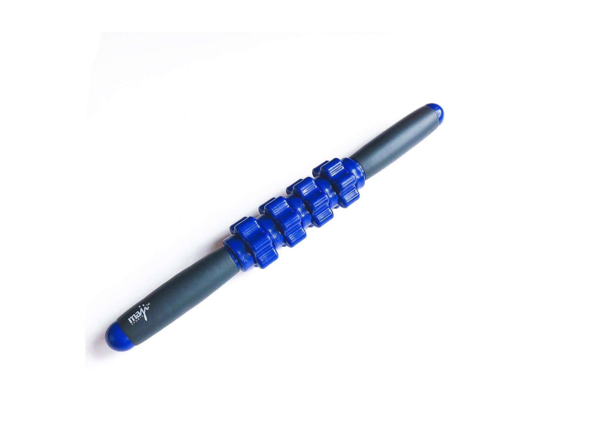 Mini bâton de massage avec poignée sombre et rouleaux en cubes bleus