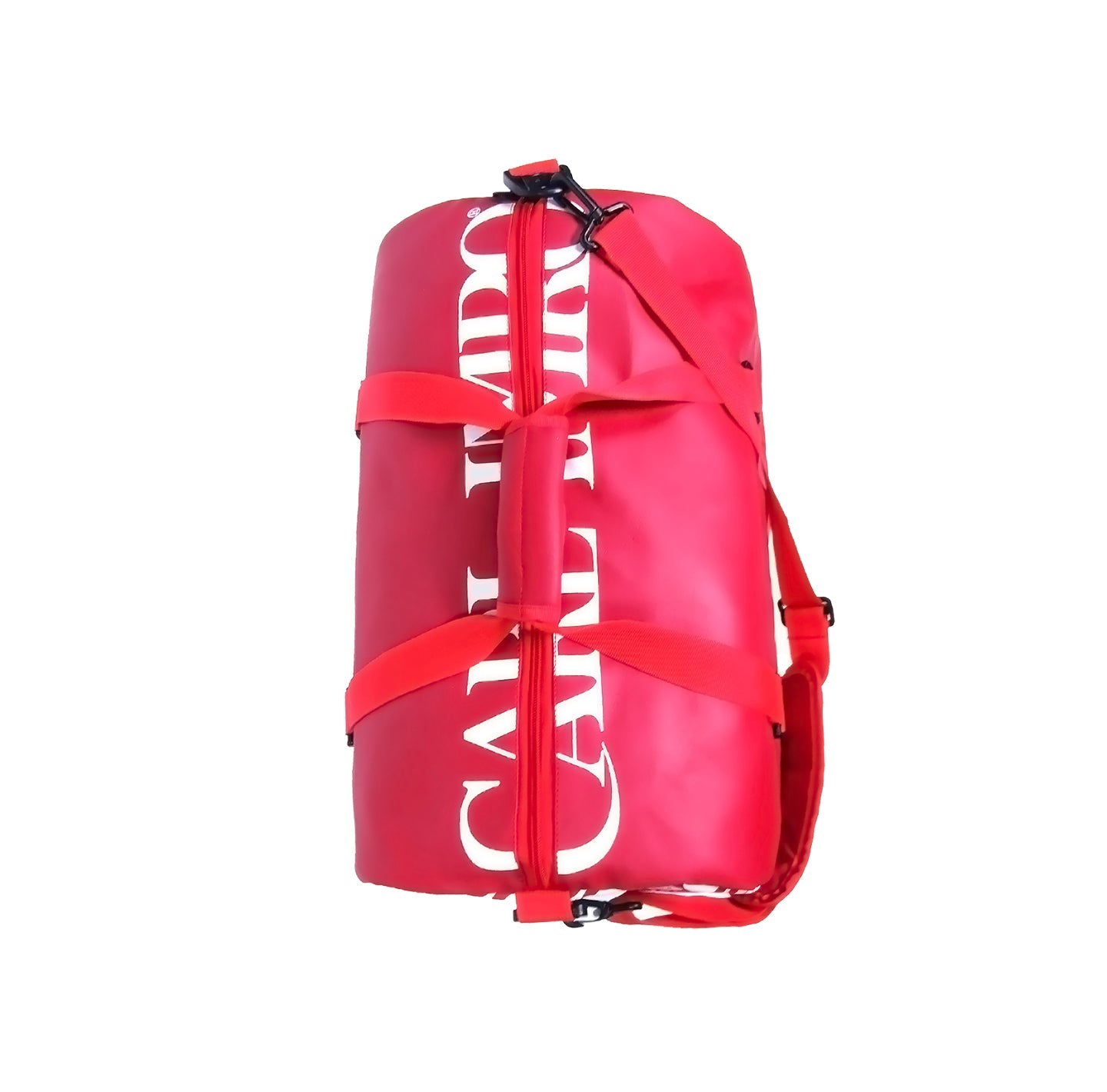 Sac en cuir rouge cylindrique, bretelles croisées et logo blanc sur le devant