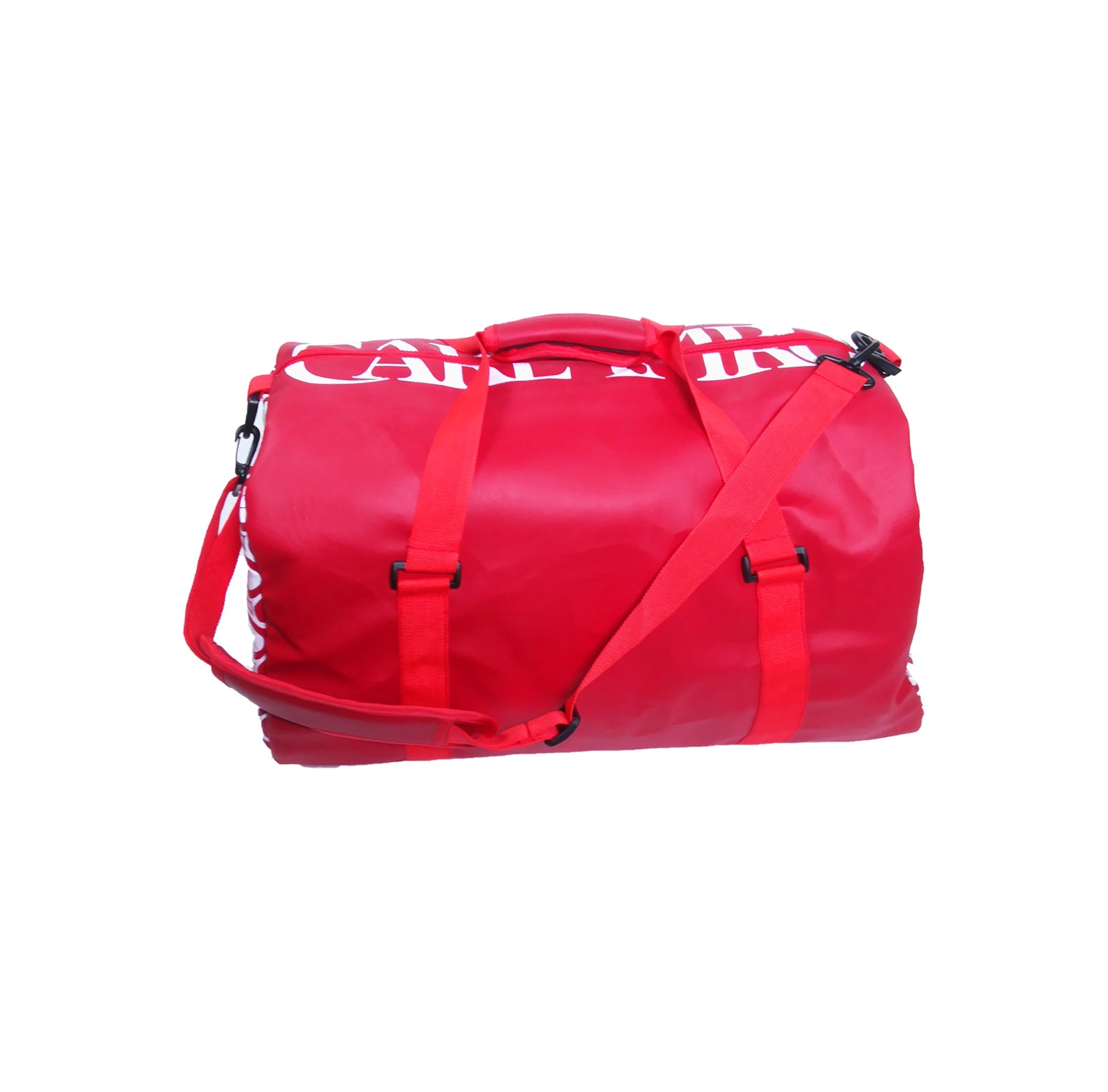 Sac en cuir rouge avec anses réglables, logo blanc en bande sur le dessus