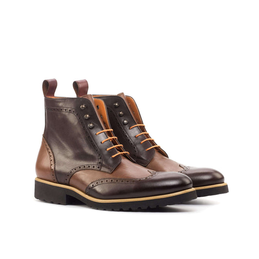 Bottes brogue militaires en cuir multicolore, lacets jaunes, semelle commando