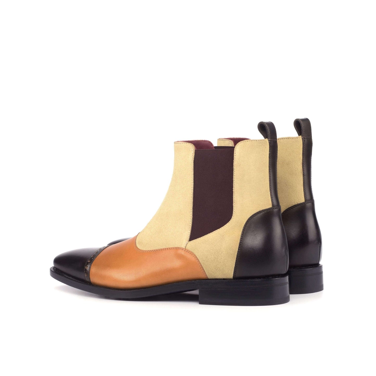 Bottines Chelsea cuir suède beige avec empiècement noir verni et côtés bordeaux
