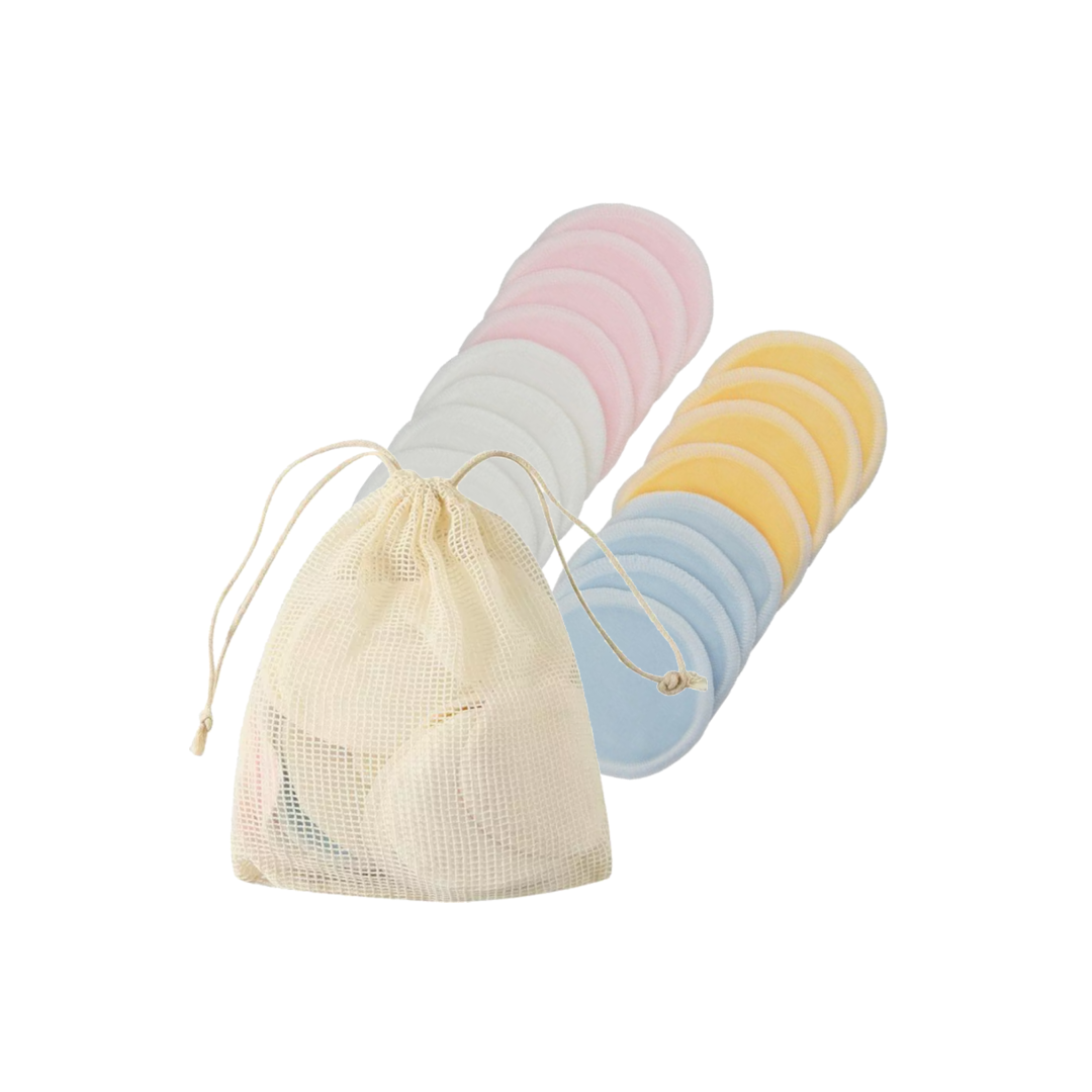 Lot de disques de soin pastel dans une pochette en filet écru