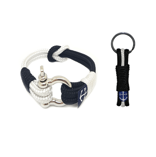 Bracelet et porte-clés en corde tressée marine et blanche, fermoir en métal argenté
