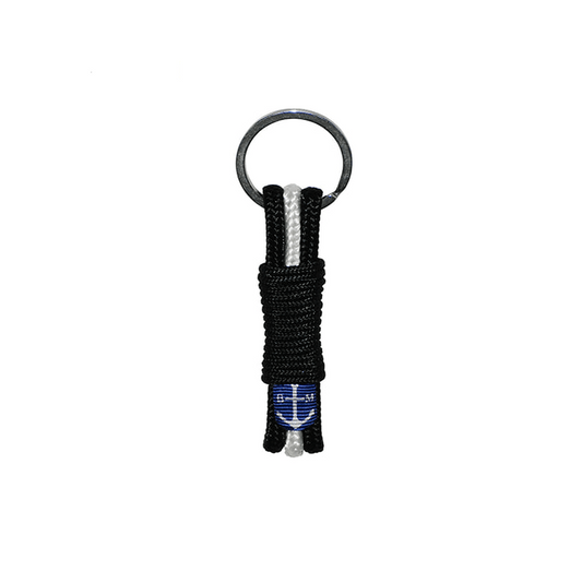 Porte-clés en corde nautique noire, anneau métallique et motif ancre bleue