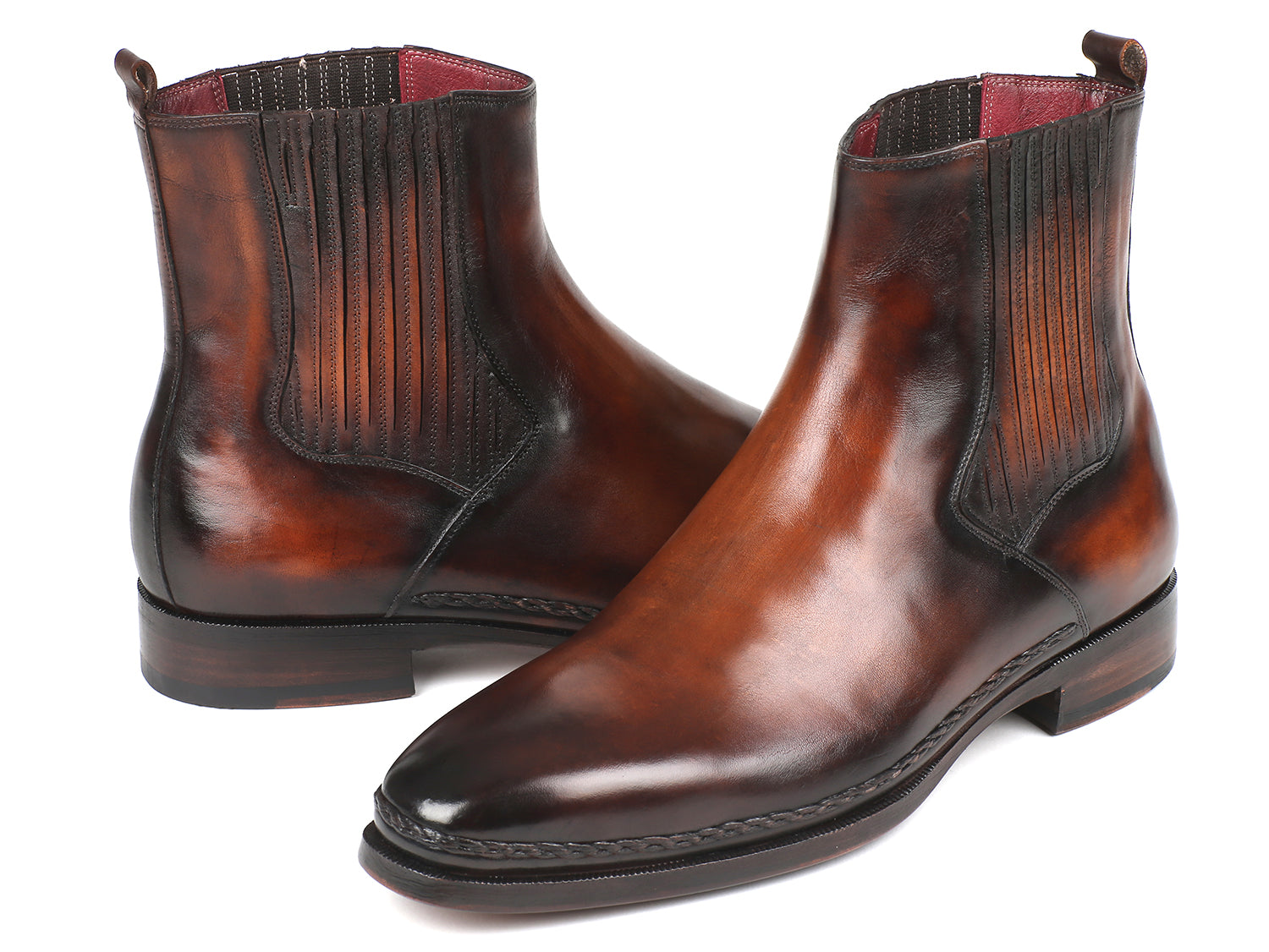 Bottes Chelsea en cuir brun patiné, entrée élastique côtelée, semelle noire