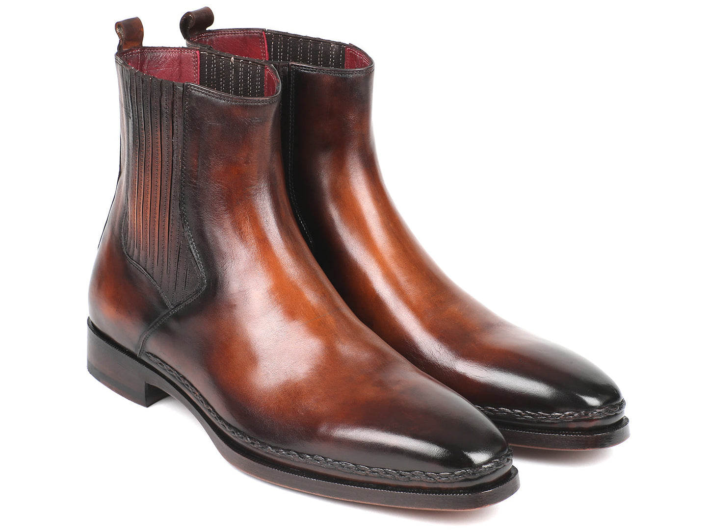 Bottes Chelsea en cuir brun patiné, empiècements élastiques latéraux, semelle noire