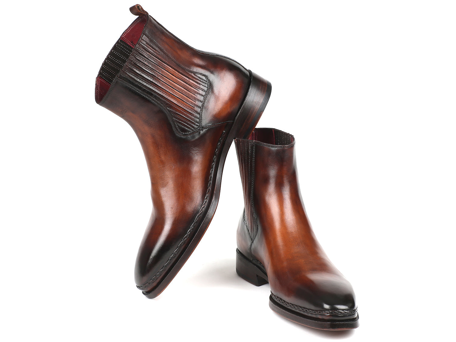 Bottes Chelsea en cuir brun patiné, vue talon et côté, empiècement élastique