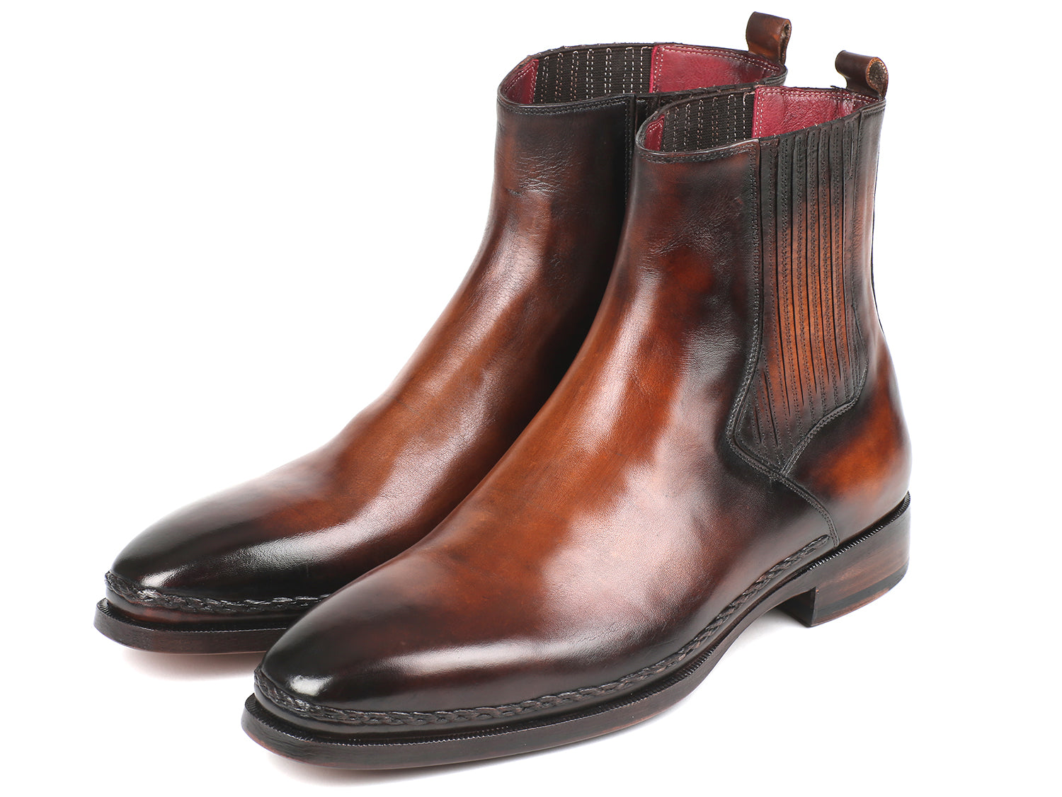 Bottes Chelsea en cuir brun patiné, tige élastique côtelée, semelle noire