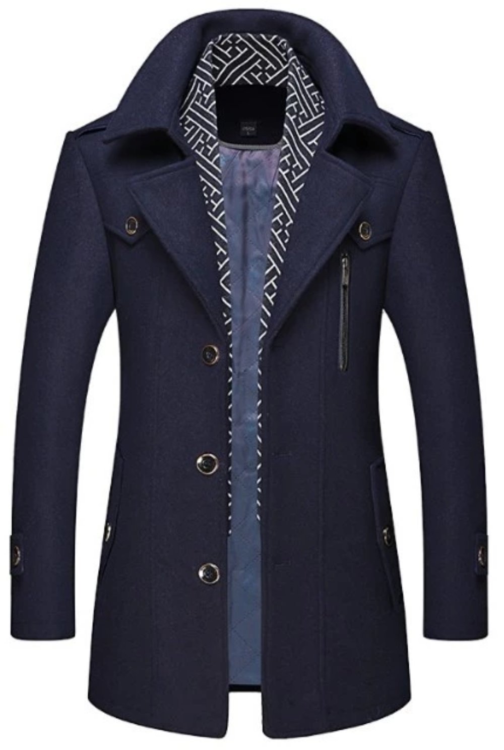 Manteau mi-long homme bleu foncé, col superposé, boutonnage, poches et zip