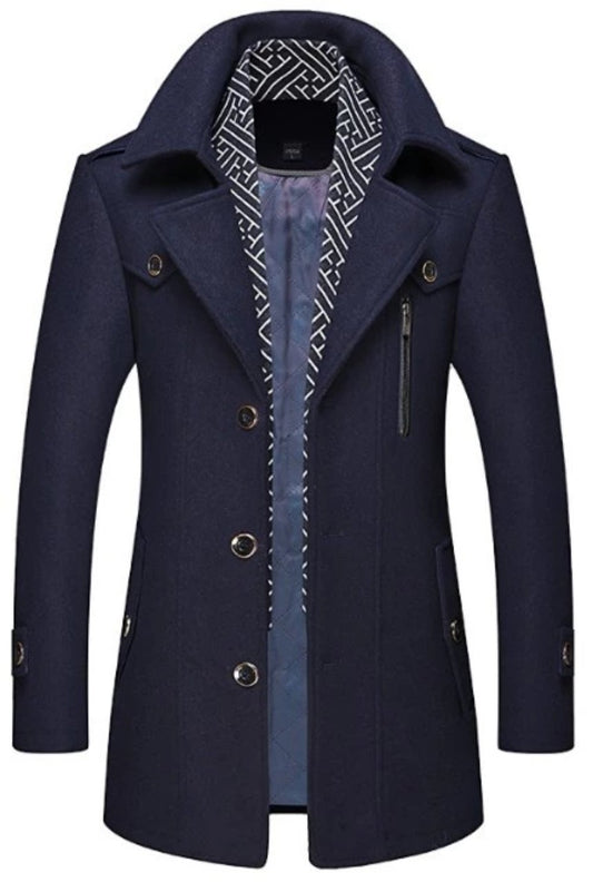 Manteau mi-long homme bleu foncé, col superposé, boutonnage, poches et zip