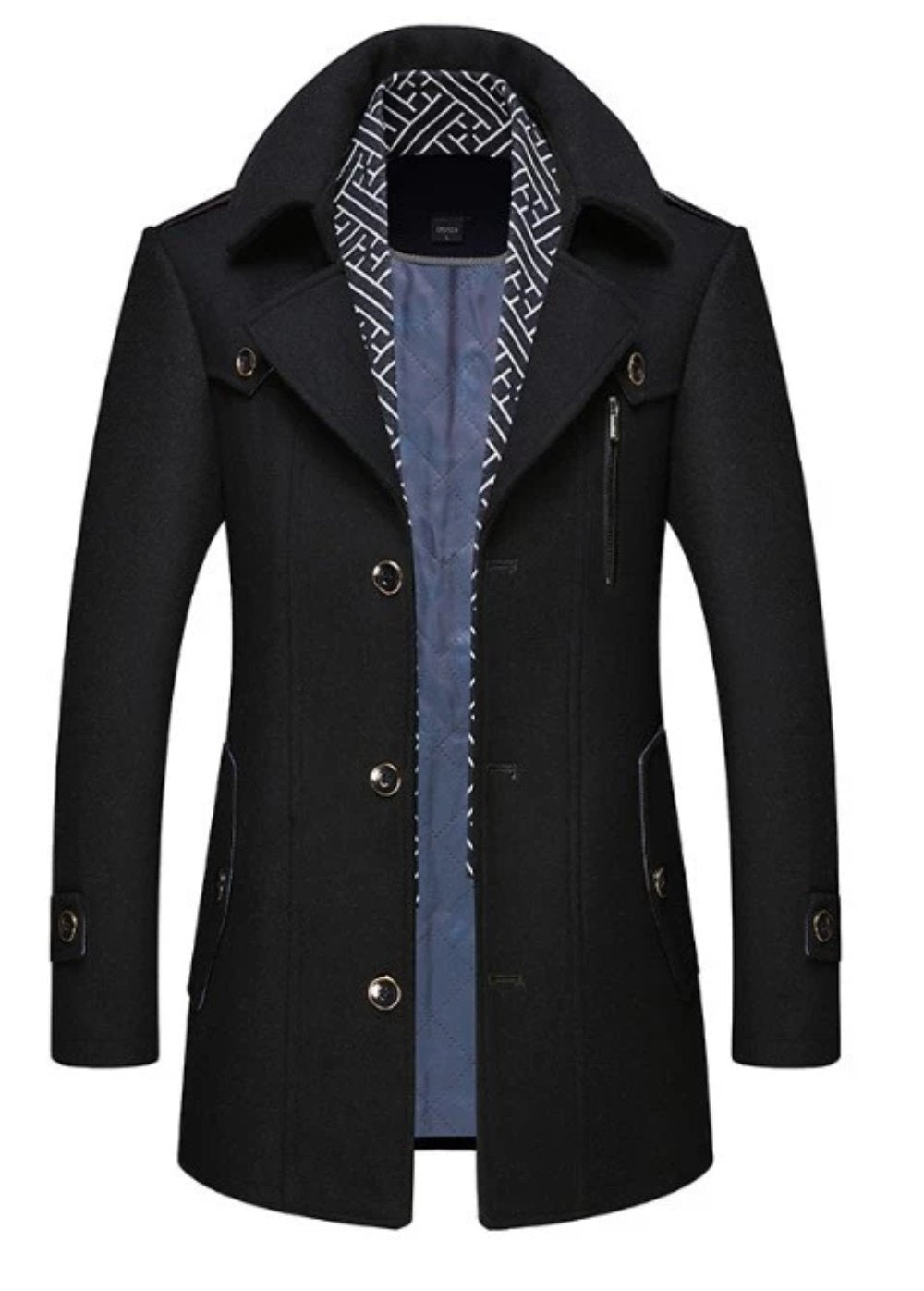 Manteau mi-long homme noir, col superposé, fermeture boutonnée, poches zippées
