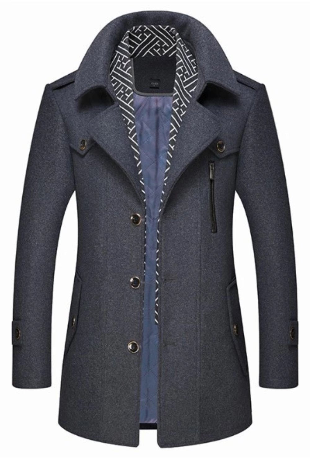 Manteau mi-long homme gris foncé, col superposé, boutonnage, poches avec zip