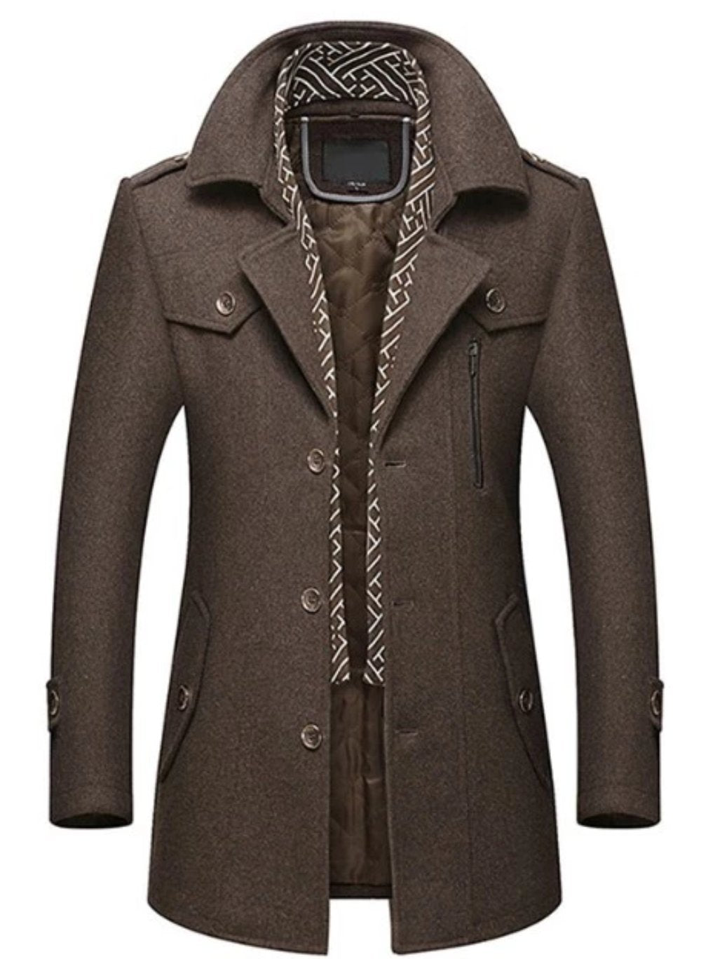 Manteau mi-long homme marron, col superposé, boutonnage, poches à rabat