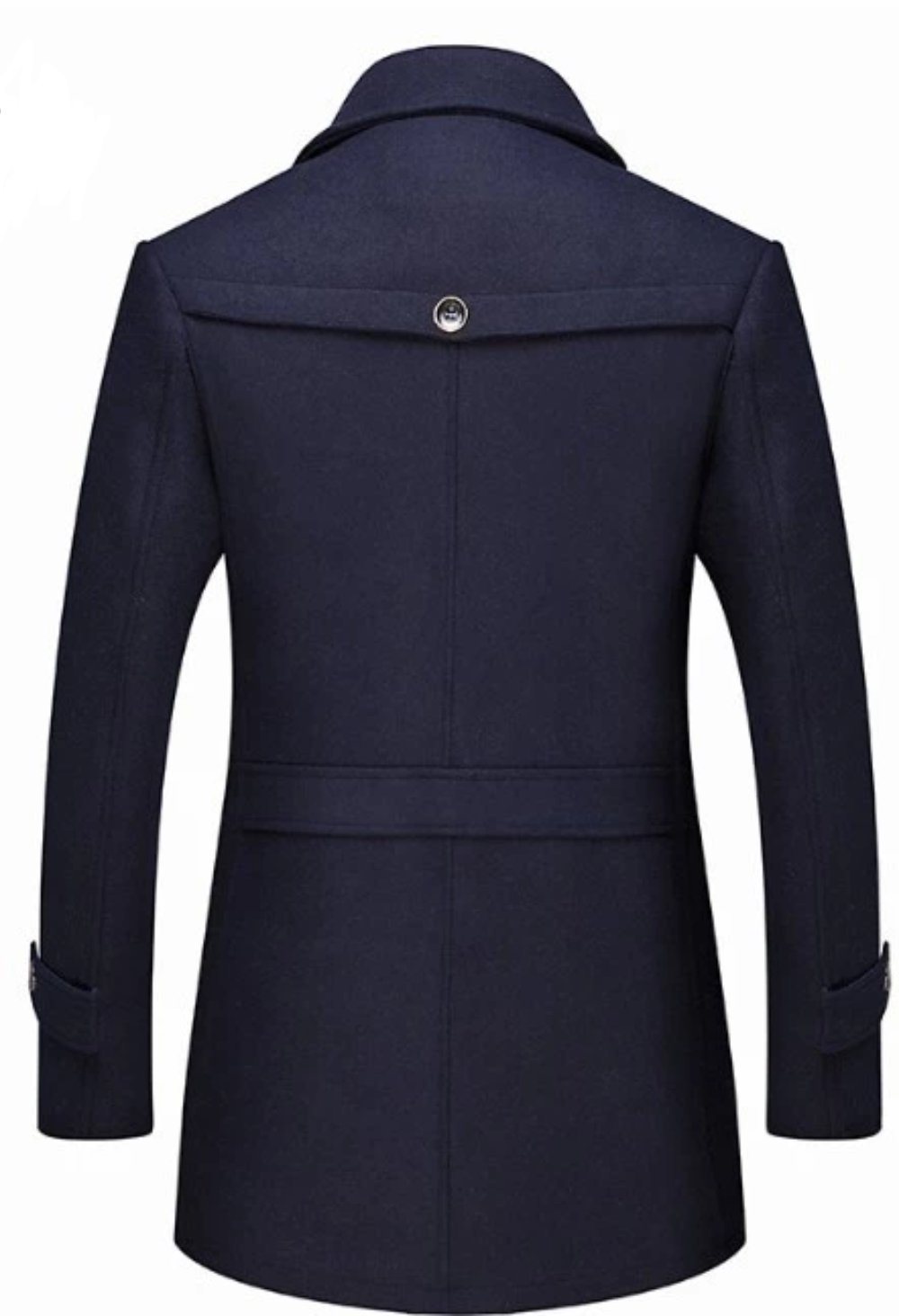 Manteau mi-long homme bleu foncé, vue dos, fermeture centrale, poches latérales
