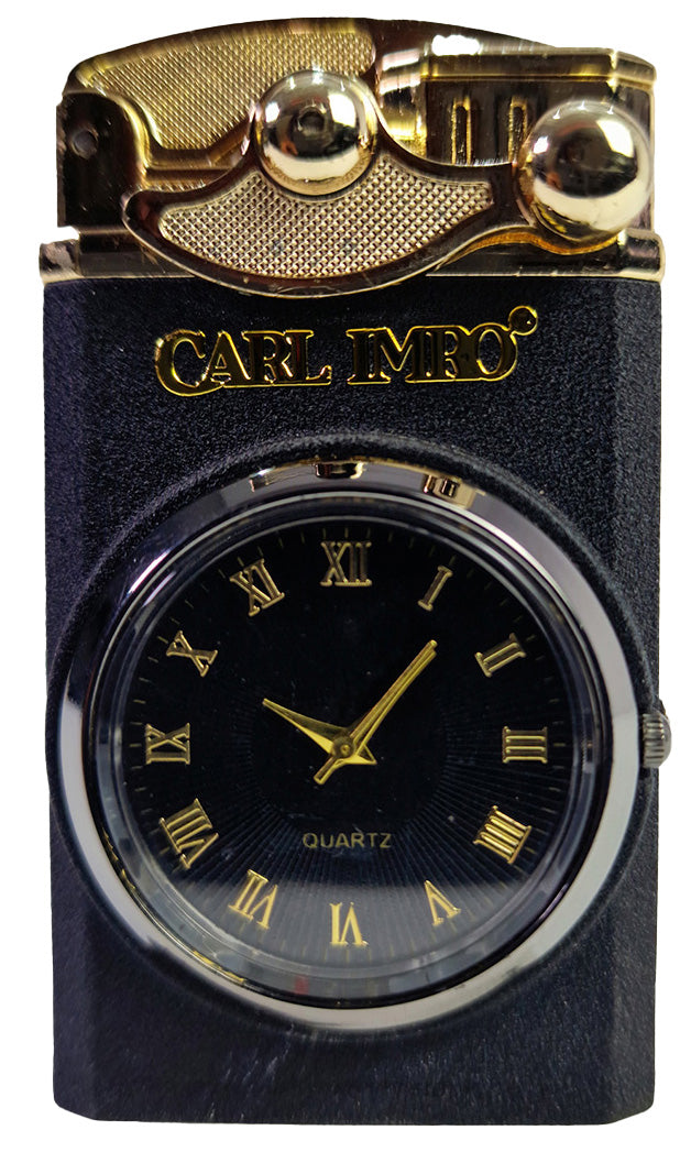 Montre-briquet homme noir et doré, cadran noir avec chiffres romains, Quartz