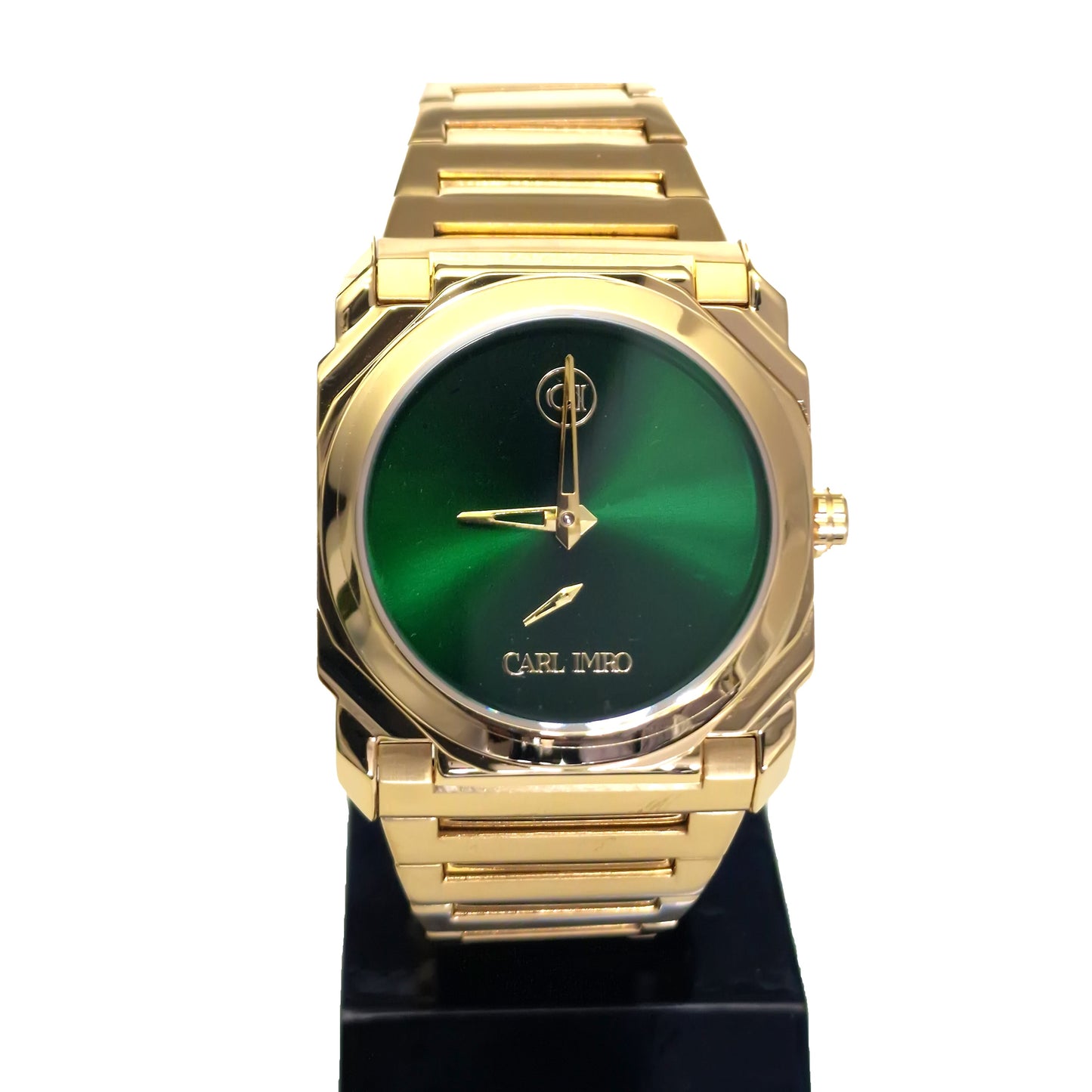 Montre-bracelet en acier doré 40 mm, cadran vert et bracelet à maillons.