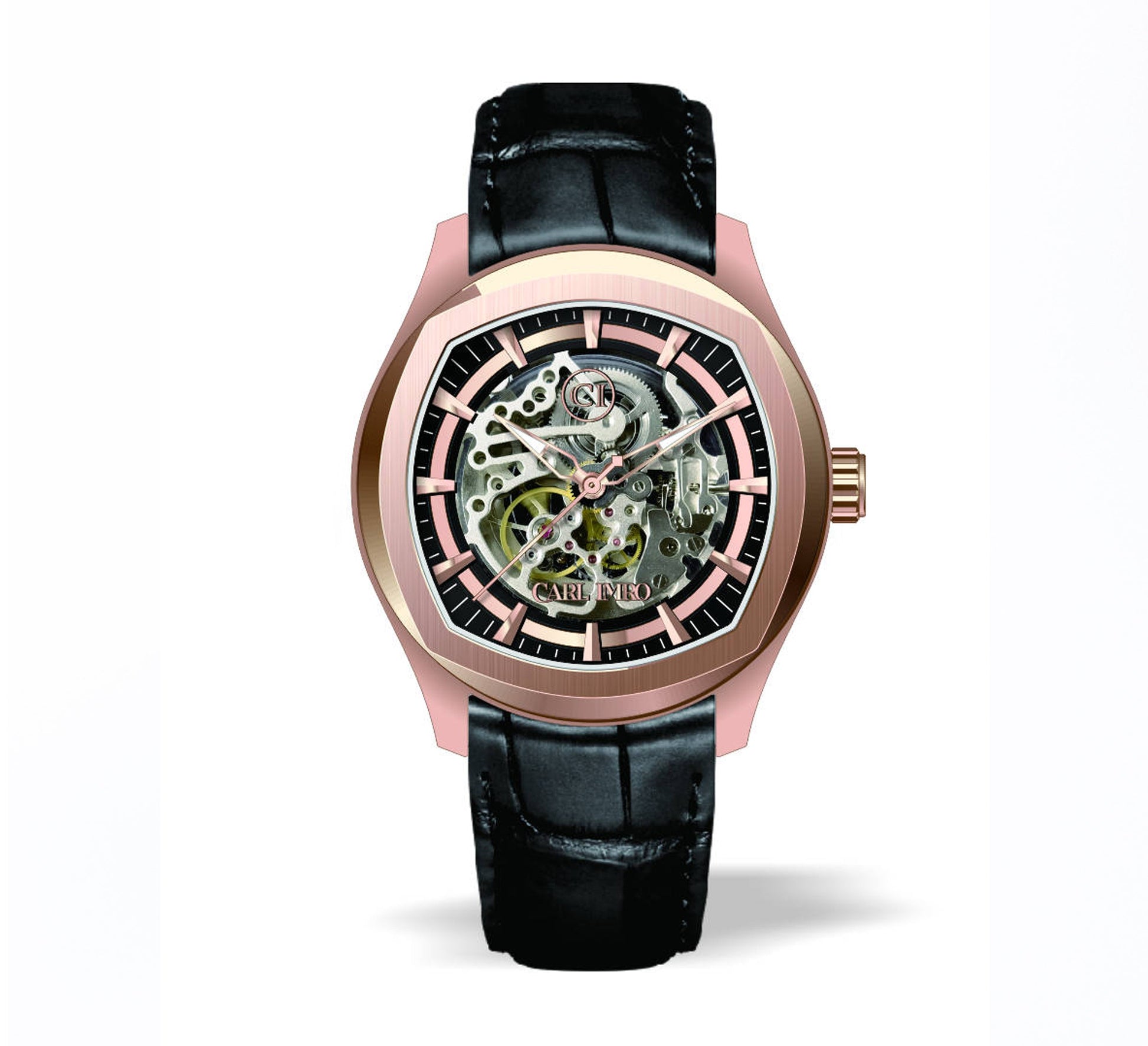 Montre squelette homme à boîtier rosé, cadran squelette et bracelet cuir noir