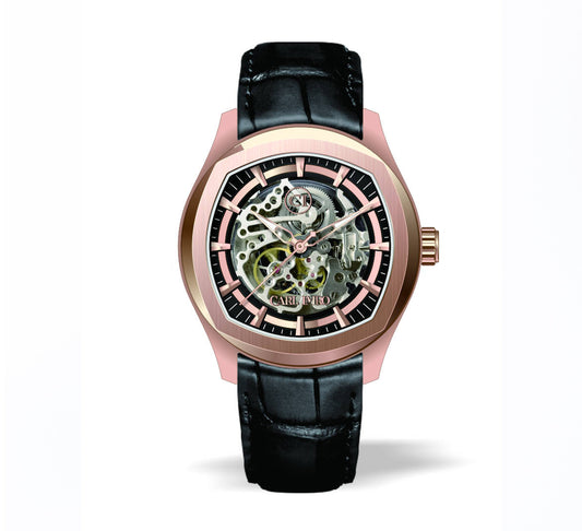 Montre squelette homme à boîtier rosé, cadran squelette et bracelet cuir noir