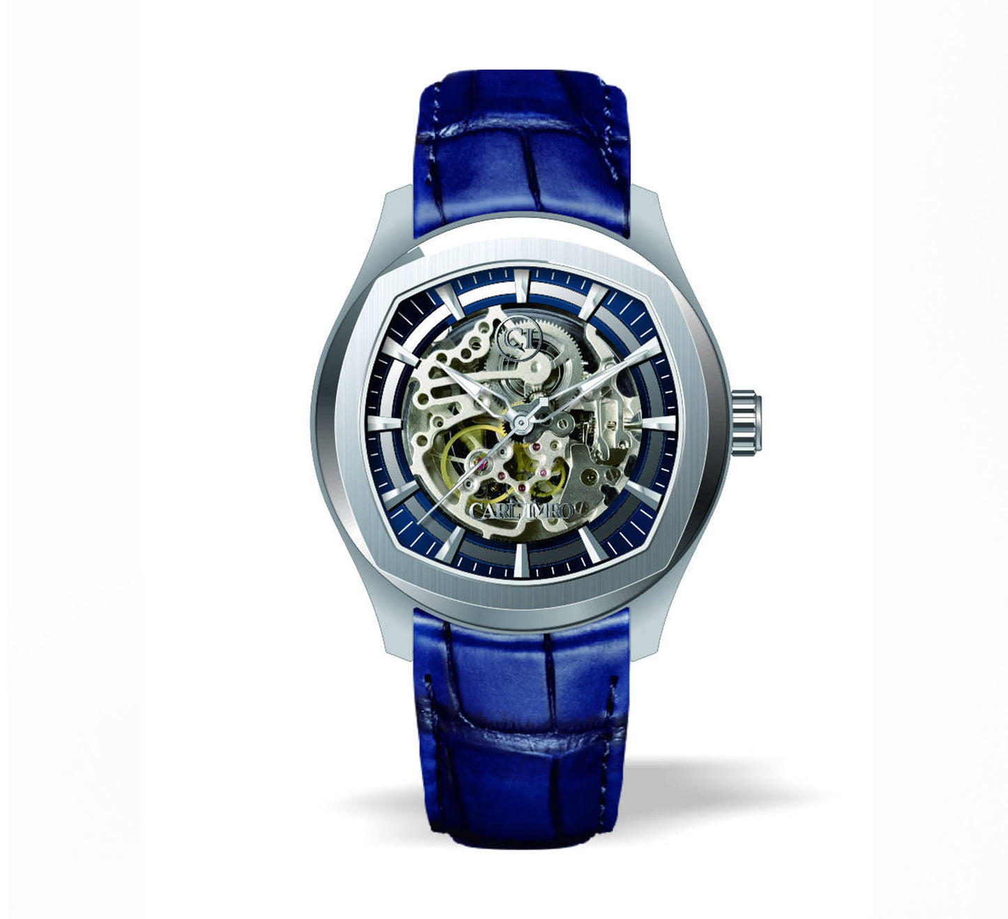 Montre squelette homme à bracelet cuir bleu, boîtier acier rond et cadran ouvert
