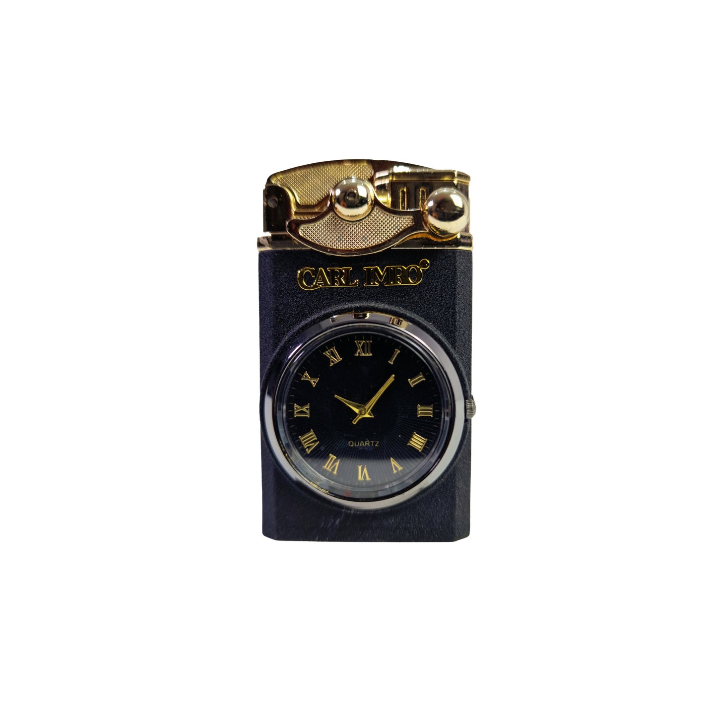 Montre-briquet homme noir et doré, cadran noir, aiguilles jaunes, Quartz