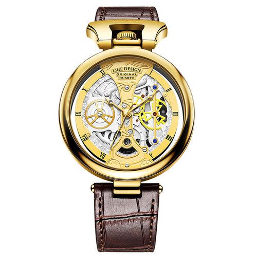 Montre-bracelet boîtier doré, cadran squelette jaune, bracelet cuir brun.