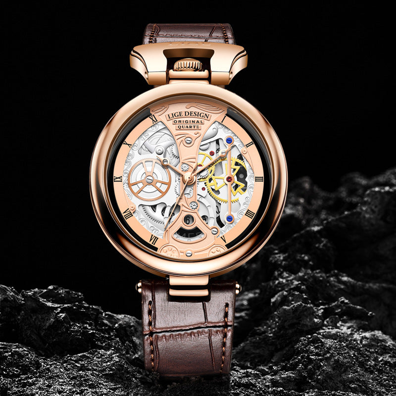 Montre-bracelet boîtier rosé, cadran squelette détaillé, bracelet cuir brun, vue face.